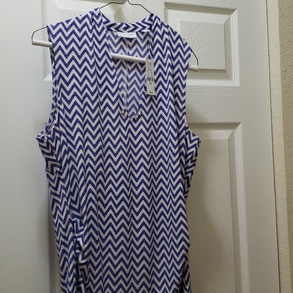 Blue pants with blue and white blouse